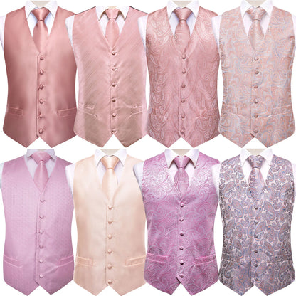 Wedding Coral Pink Mens Vest Silk Tie Set Adjustable Jacquard Waistcoat Jacket Necktie Hanky Cufflinks Formal Party Gifts