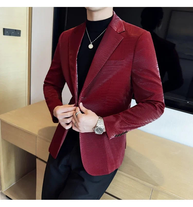 New High Quality Crocodile Stripe Slim Fit Leather Jacket Classic Business Casual Slim Fit Men Blazer Tuxedos Men Clothing 4XL-M