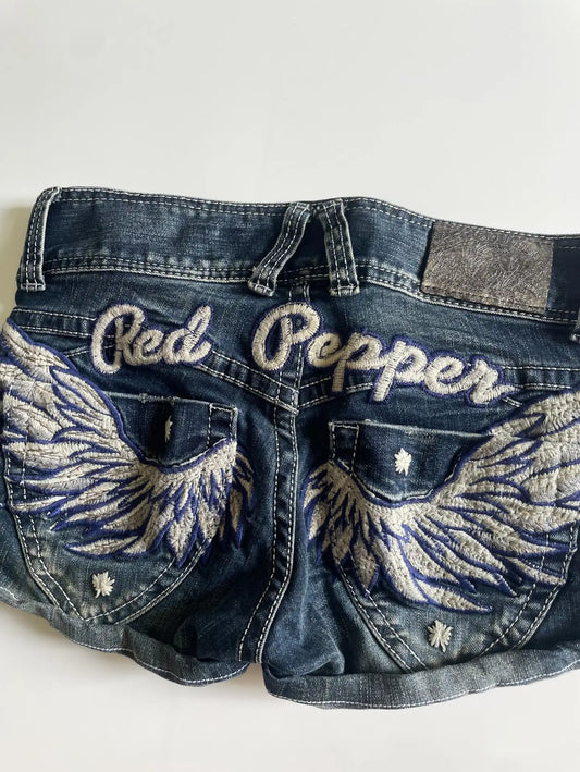 Y2K Japan Street Hottie Wing embroidery vintage Denim Shorts Harajuku Slim Skirt Light Blue Jean Low Waist Short Mini Skirt