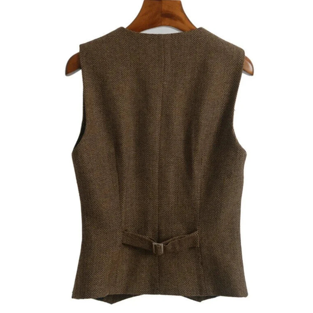 Women Vest Brown Fashion Vintage Herringbone Single Breasted Slim Fit Business Casual Profession Work Women Waistcoat