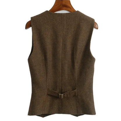 Women Vest Brown Fashion Vintage Herringbone Single Breasted Slim Fit Business Casual Profession Work Women Waistcoat