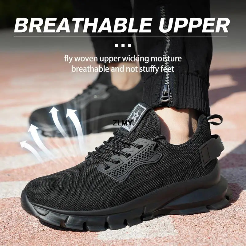 Black Safety Shoes Men Steel Toe Sneakers Lightweight Puncture Proof Work Safety Boots Man Breathable Working Shoes Anti-smash