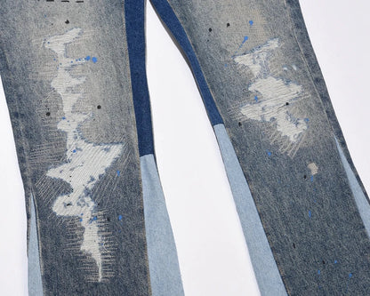 Blue Speckle Ink Washed Flared Jeans Slim Fit Hip Hop Graffiti Ripped Denim Pant Men Streetwear Vintage Wide Leg Jean Pants Y2k