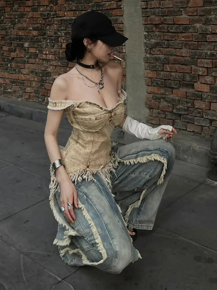 Women's Washed Y2K Baggy Japanese 2000s Denim Trouser Vintage Casual Tassels Pants Female Street Trashy Retro High Waist Jeans