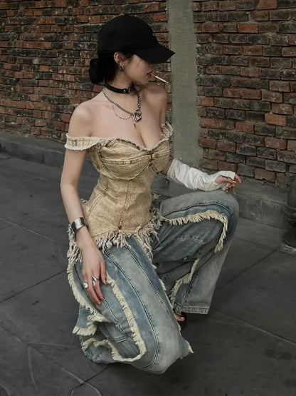 Women's Washed Y2K Baggy Japanese 2000s Denim Trouser Vintage Casual Tassels Pants Female Street Trashy Retro High Waist Jeans