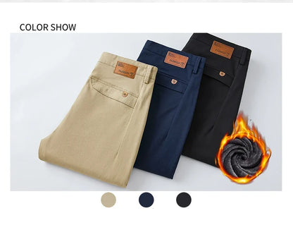 2025 Winter Fleece Pants Men's Pocket Fashion Thickened Cotton Stretch Comfort Plush Straight Business Pants Male
