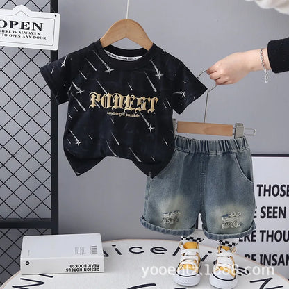 New Summer Baby Boys Clothes Suit Children Fashion  Letter Pocket T-shirt Denim Shorts 2Pcs/Set Toddler Clothing Kids Tracksuits