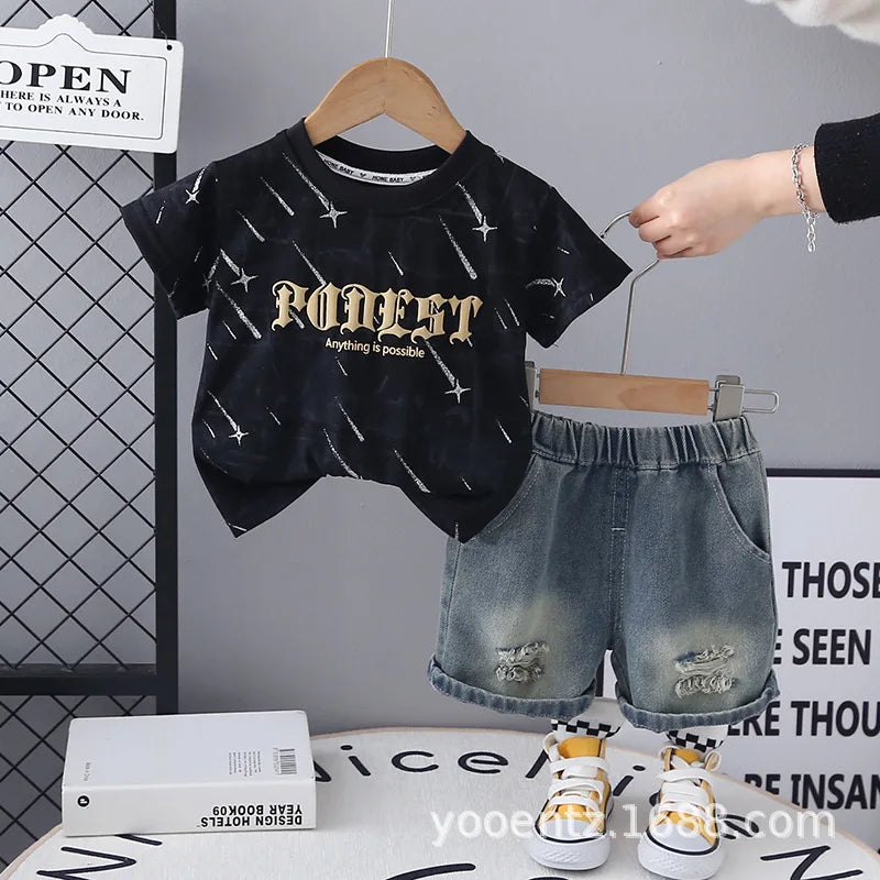 New Summer Baby Boys Clothes Suit Children Fashion  Letter Pocket T-shirt Denim Shorts 2Pcs/Set Toddler Clothing Kids Tracksuits