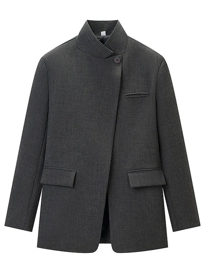 Women Casual Asymmetrical Dark Grey Blazer One Button Long Sleeve Jacket Coats 2026 Trend Vintage Solid Office Blazers