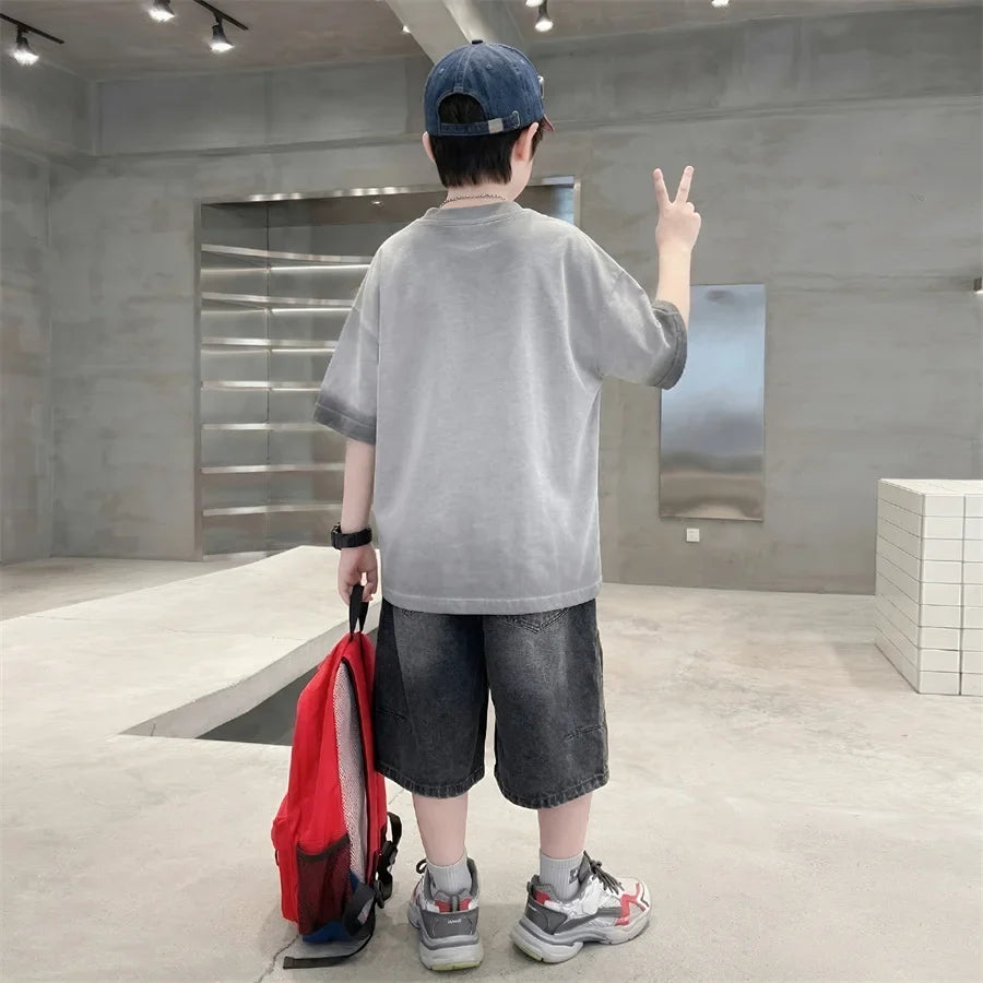 Luxurious Teen Boys Set For Child Elegant T-shirts + Denim Shorts 2PCS Clothes Set Summer Kids Luxury Clothing Set Age 6 To 16 Y