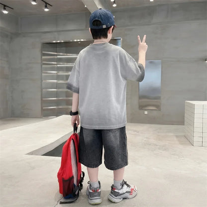 Luxurious Teen Boys Set For Child Elegant T-shirts + Denim Shorts 2PCS Clothes Set Summer Kids Luxury Clothing Set Age 6 To 16 Y