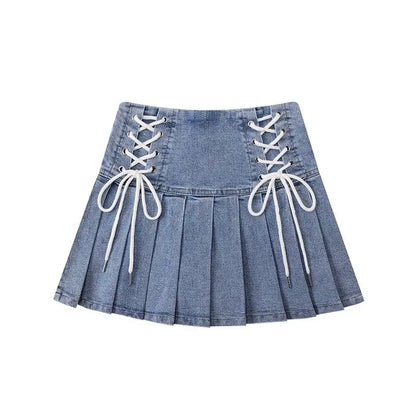 تنورات دنيم مطوية نسائية لطيفة برباط أنيقة بناتي تنورة صيفية قصيرة على الطراز الكوري بتصميم مثير بخصر عالٍ وملابس الشارع للجامعة