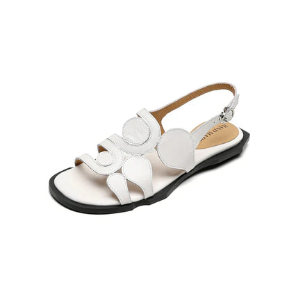 Women's New Round Head Spring/Summer Genuine Leather Sheepskin Spliced Low Heel Large Size Elastic Open Toe Sandals