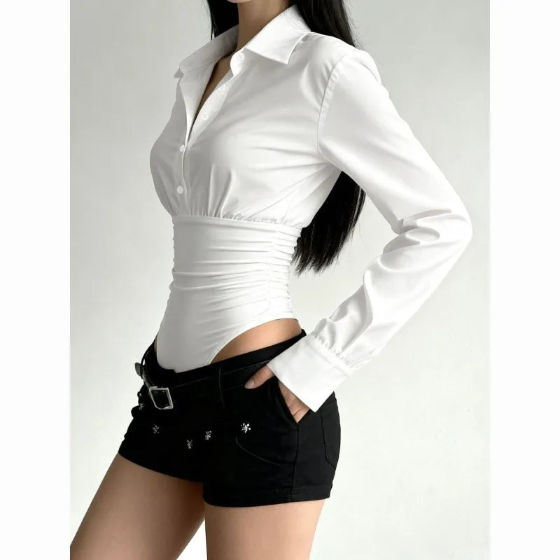 Summer Fashion New Design Sense High-end Spicy Girl Three-dimensional Top Simple Slim Fit Versatile Long Sleeved Jumpsuit Shirt