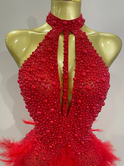 Women Luxury Rhinestones Pearls Feathers Halter Backless Short Dress Women Sexy Celebrate Birthday Dress Nightclub Stage Costume