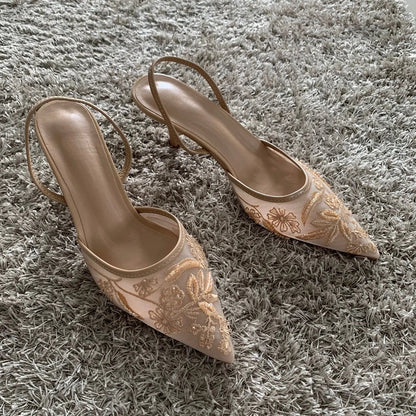 Fashion Sandals Women String Bead High Heels Mules Shoes Pointed Toe Slingback Slippers Women Zapatos De Mujer