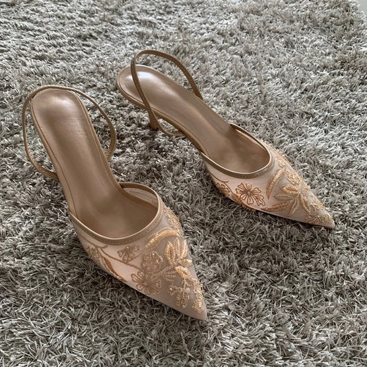 Fashion Sandals Women String Bead High Heels Mules Shoes Pointed Toe Slingback Slippers Women Zapatos De Mujer
