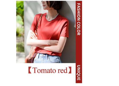 6% Real Silk Cotton Modal Women's T-shirt 2026 Summer Tees Short Sleeve Solid Tee Shirts V-neck Casual Woman Basic T shirt Tops
