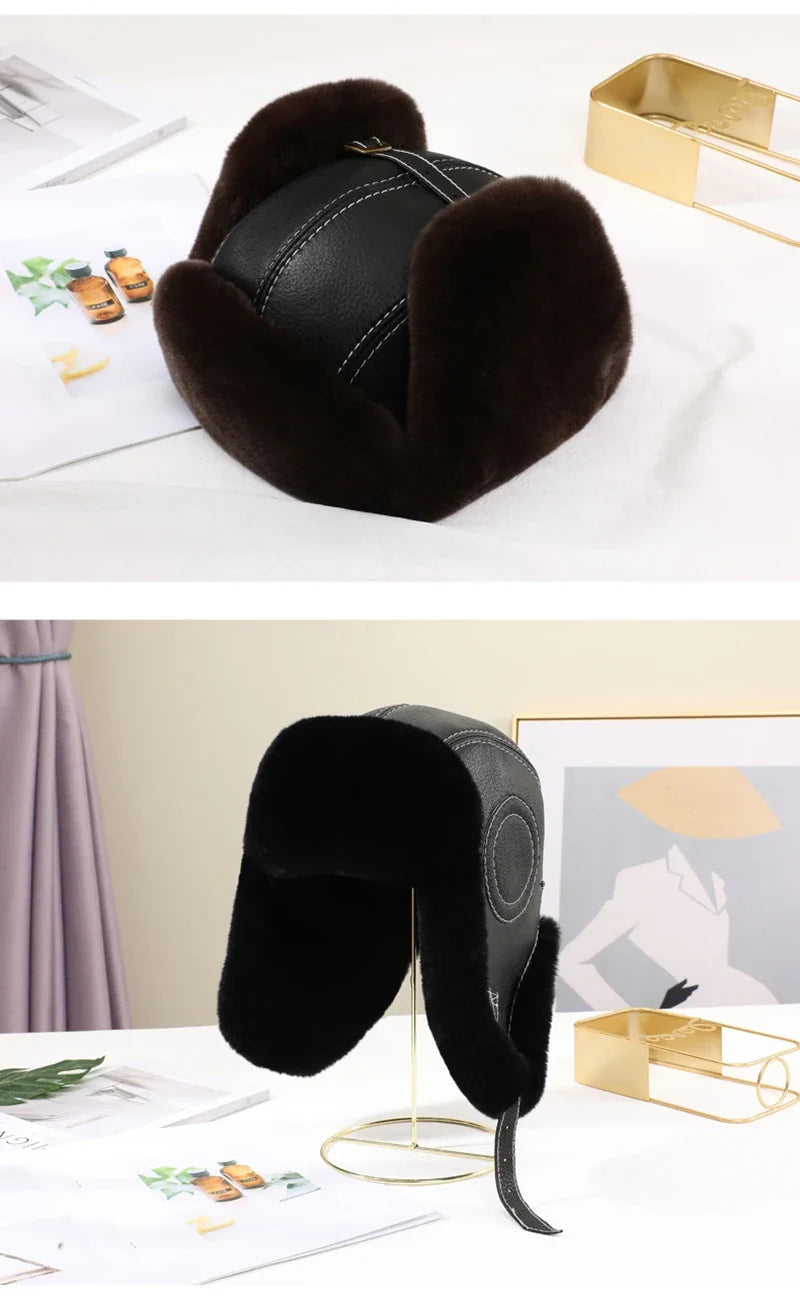 2026  Winter Men's 100% Real Rex Rabbit Fur Bomber Hat Ushanka Cap Trapper Russian Man Ski Hats Caps Real Sheepskin Leather