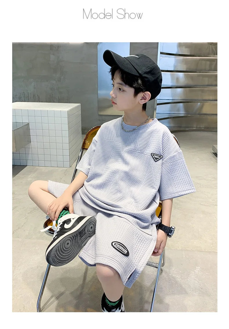 Summer Casual Boys Jacquard Loose T-Shirt Tops+Shorts Pant School Kids 2PCS Tracksuit Child Outfits Student Workout Set 3-14 Yr