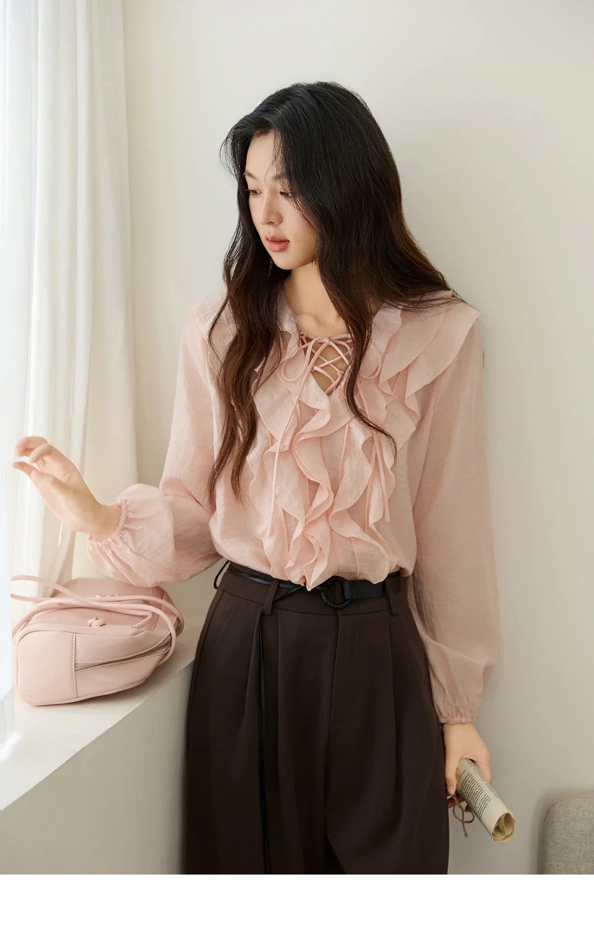 Pink Ruffled Blouse for Woman 2025 Autumn New Elegant Sweet V-neck Lace-up Design Shirt Lantern Sleeves Top MXE49X2504