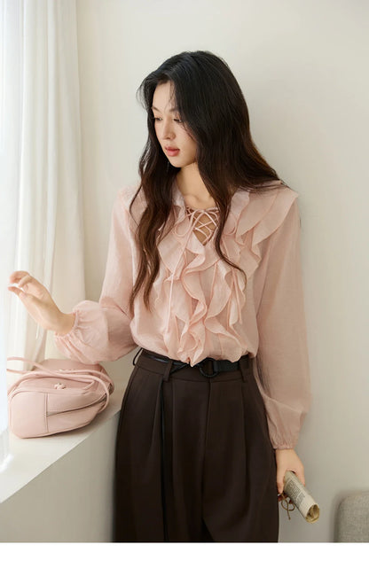Pink Ruffled Blouse for Woman 2025 Autumn New Elegant Sweet V-neck Lace-up Design Shirt Lantern Sleeves Top MXE49X2504