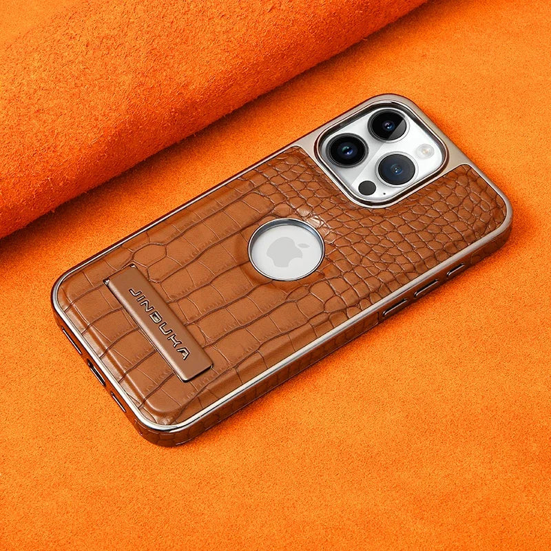 Crocodile Pattern Leather invisible Kickstand Magnetic Case For iPhone 15 16 Pro Max 14 Plus 13 12 Wireless Charging For Magsafe