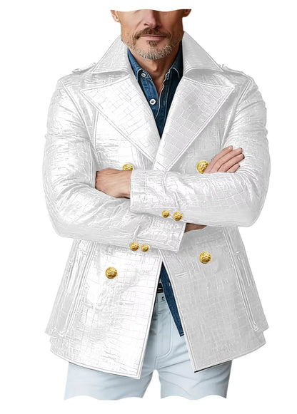 Men's Crocodile Embossed Leather Peacoat Double Breasted Gold Button Jacket Luxury Casual Overcoat
