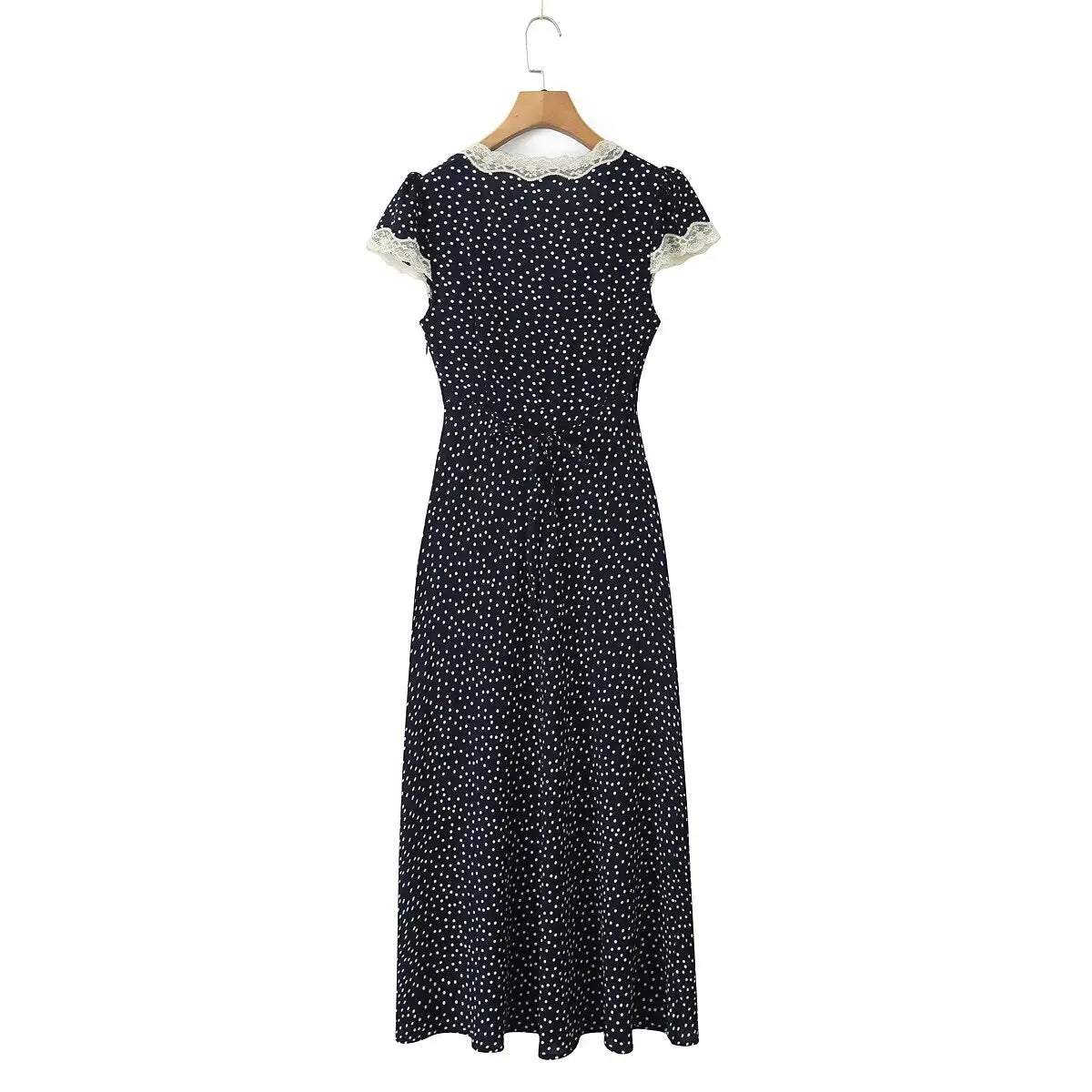 2025 Women Navy Blue Polka Dot Long Dress Lace Trim V Neck Short Sleeve A-line Elegant Holiday Dresses Summe Maxi Robe