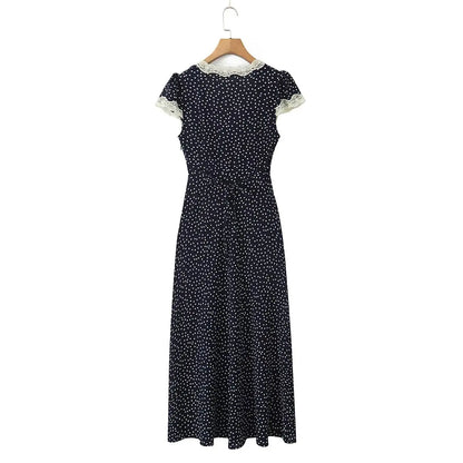 2025 Women Navy Blue Polka Dot Long Dress Lace Trim V Neck Short Sleeve A-line Elegant Holiday Dresses Summe Maxi Robe