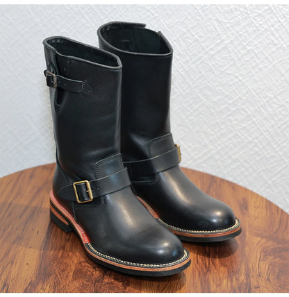 Retro American Motorcycle Boots Long Tube Genuine Leather Engineer Boots Men Knight Style Boots Outdoor Youth Fashion Boots