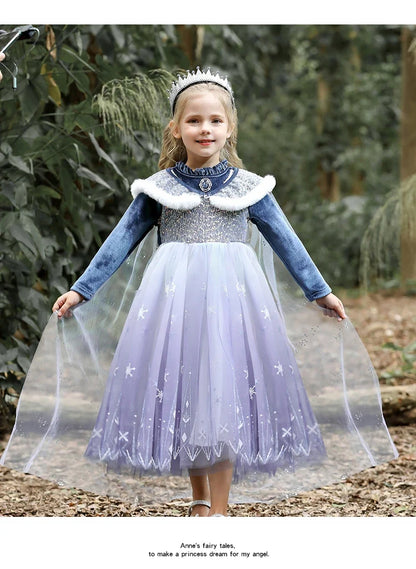 Girls' Spring 2026 New Velvet Elsa Frozen Princess Dress Kids Blue Cape 2 Piece Set Warm Dresses For Girl Party 3-9 Years Old ﻿