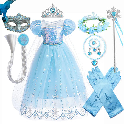 2026 Summer Frozen Costume Princess Dress for Girls White Sequined Carnival Dress Kids Cosplay Snow Queen Elsa Dress For Girls