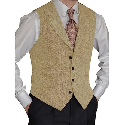 Men Vest Brown Classic Herringbone Pattern Suit Vest Notch Lapel Waistcoat Slim Formal For Wedding Groomsmen Banquet Men Suit