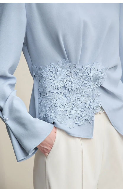 Women's Blouse 2026 Autumn New Elegant Commuter Crew Neck Lace Chiffon Women's Shirt Loose Versatile Elegant Top 12681001