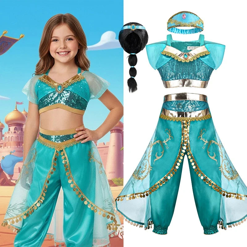 Jasmine Princess Dress for Girls Cosplay Aladdin Magic Lamp Costume Kids Halloween Birthday Carnival Party Vestidos