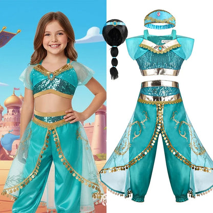 Jasmine Princess Dress for Girls Cosplay Aladdin Magic Lamp Costume Kids Halloween Birthday Carnival Party Vestidos