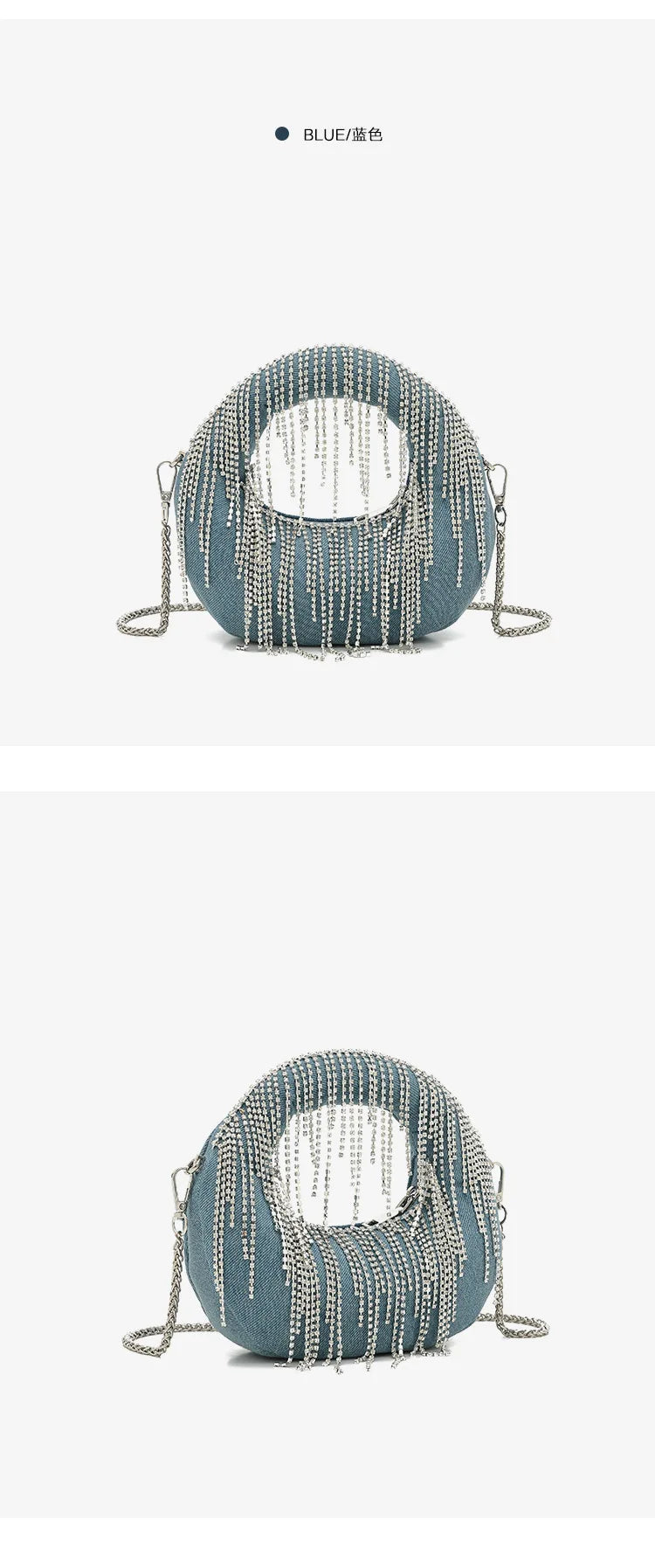 Half Moon Evening Clutch Party Bags For Women Luxury Designer Denim Tassel Rhinestone Handbag Shiny Sequins Chain Shoulder Purse