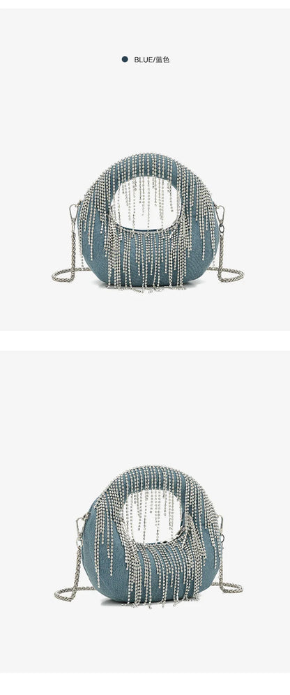 Half Moon Evening Clutch Party Bags For Women Luxury Designer Denim Tassel Rhinestone Handbag Shiny Sequins Chain Shoulder Purse