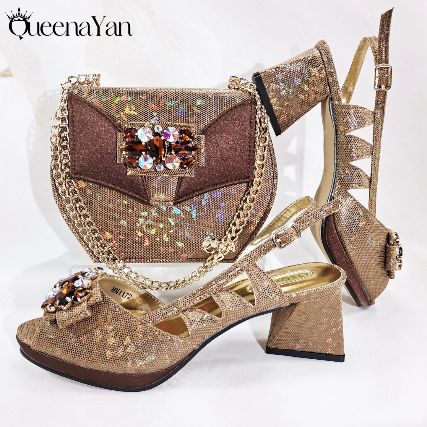 2025 New-Season Peep Toe Ladies' Shoes Elegant Coral Color Diamond-Embellished High Heels Italian-Designed Shoe and Handbag Set