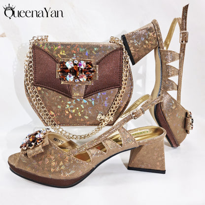 Newest Italian Design Special Synthetic Fabrics Women's Matching Shoes and Bag Set High Heel for Weddings and Parties
