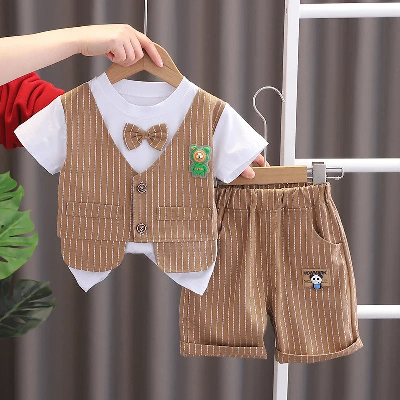 New Summer Kids Boys Clothes High Qulity Short Sleeve Gentleman Patchwork T Shirt Pants Toddler Boy Clothing Casual Outfits