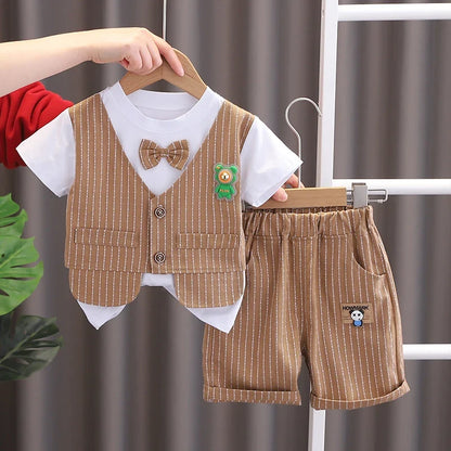 New Summer Kids Boys Clothes High Qulity Short Sleeve Gentleman Patchwork T Shirt Pants Toddler Boy Clothing Casual Outfits