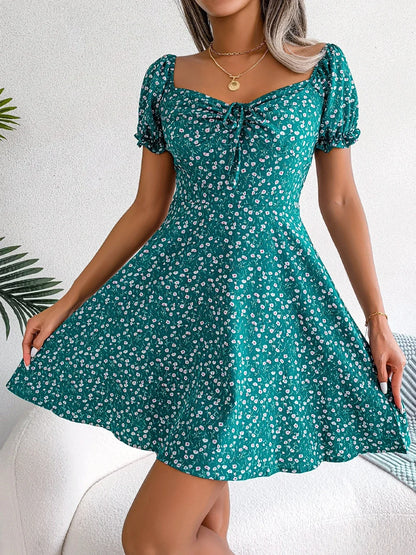 Women Casual Square Neck Flare Short Sleeve Floral Dress Elegant A Line Dress for Spring Summer 2026 Fashion Woman Clothing