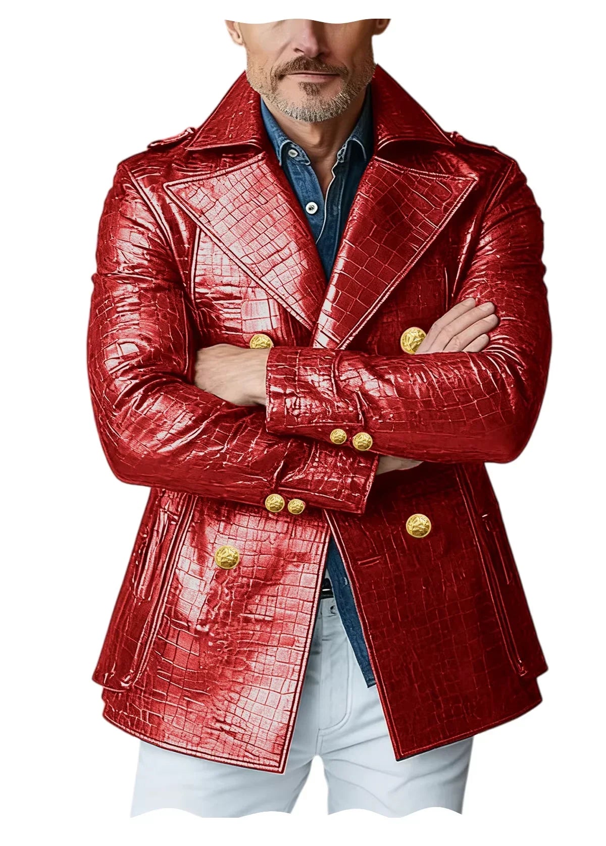 Men's Crocodile Embossed Leather Peacoat Double Breasted Gold Button Jacket Luxury Casual Overcoat