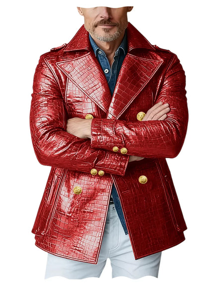 Men's Crocodile Embossed Leather Peacoat Double Breasted Gold Button Jacket Luxury Casual Overcoat