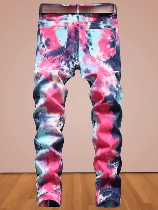 Europe and America wind new men's high street jeans tie-dyed red and blue contrast elastic street motorcycle youth fashion casua