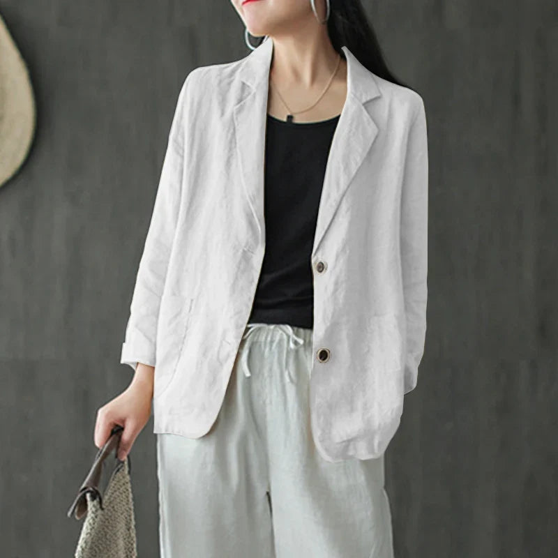 Women Lapel Neck Long Sleeve Blazer Autumn Vintage Casual Solid Cotton Blazer Elegant Cardigan Thin Coats Work Suits