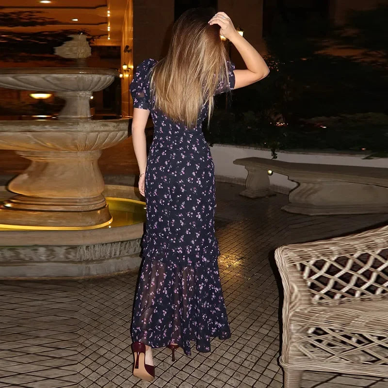 Floral Print Women's Summer Ruffle Dress Sexy V-neck Short Puff Short Sleeve Beach Slim Female Dress 2026 Holidays Lady Robe