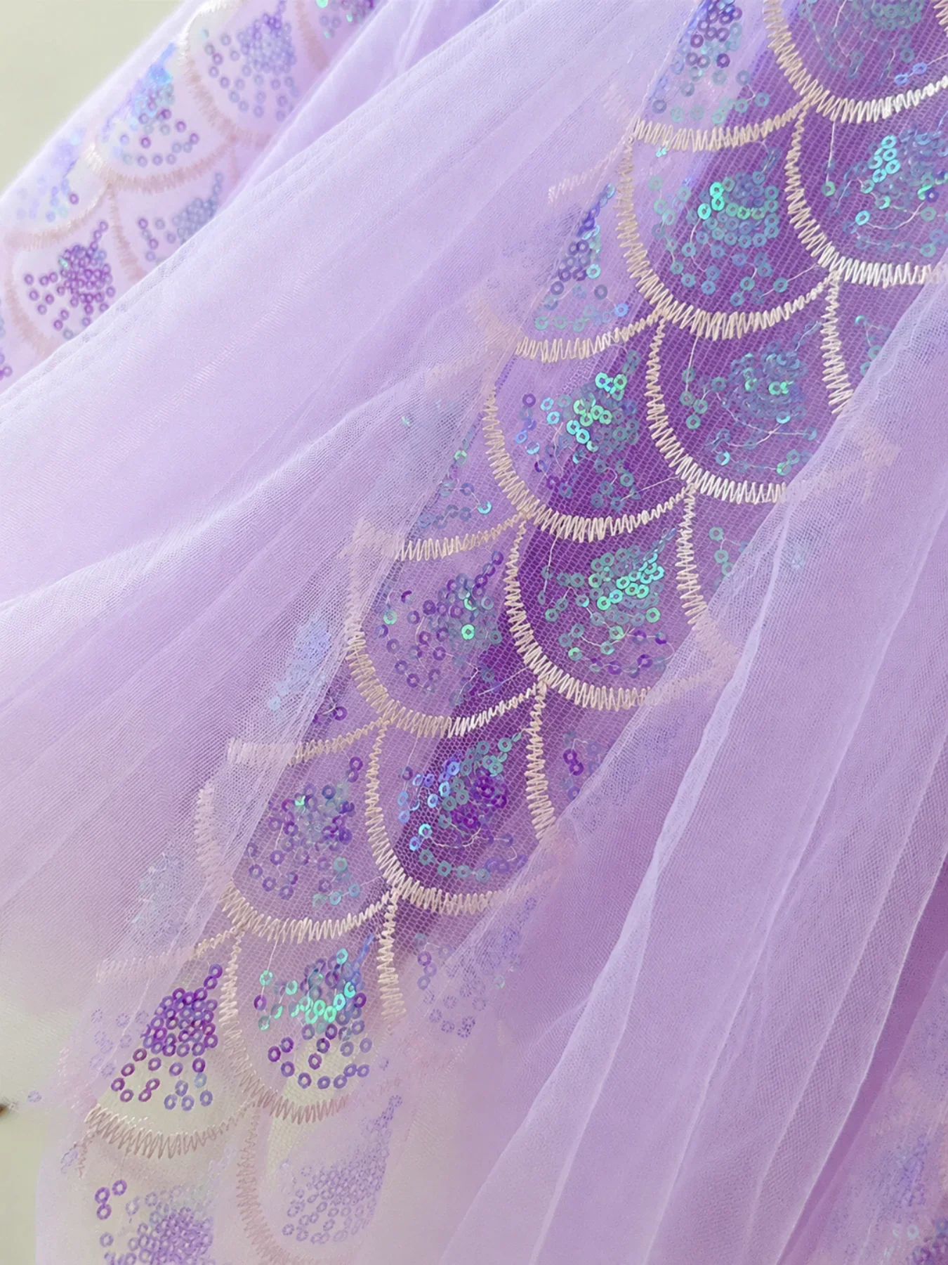 Girls Purple Mermaid Sequin Tulle Dress with Bow Veil Headband Kids Flutter Sleeve Princess Birthday Party Costume Dress